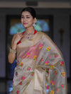 Banarasee Handloom Tissue Saree With Thread Embroidery & Contrast Pallu-Gold & Red