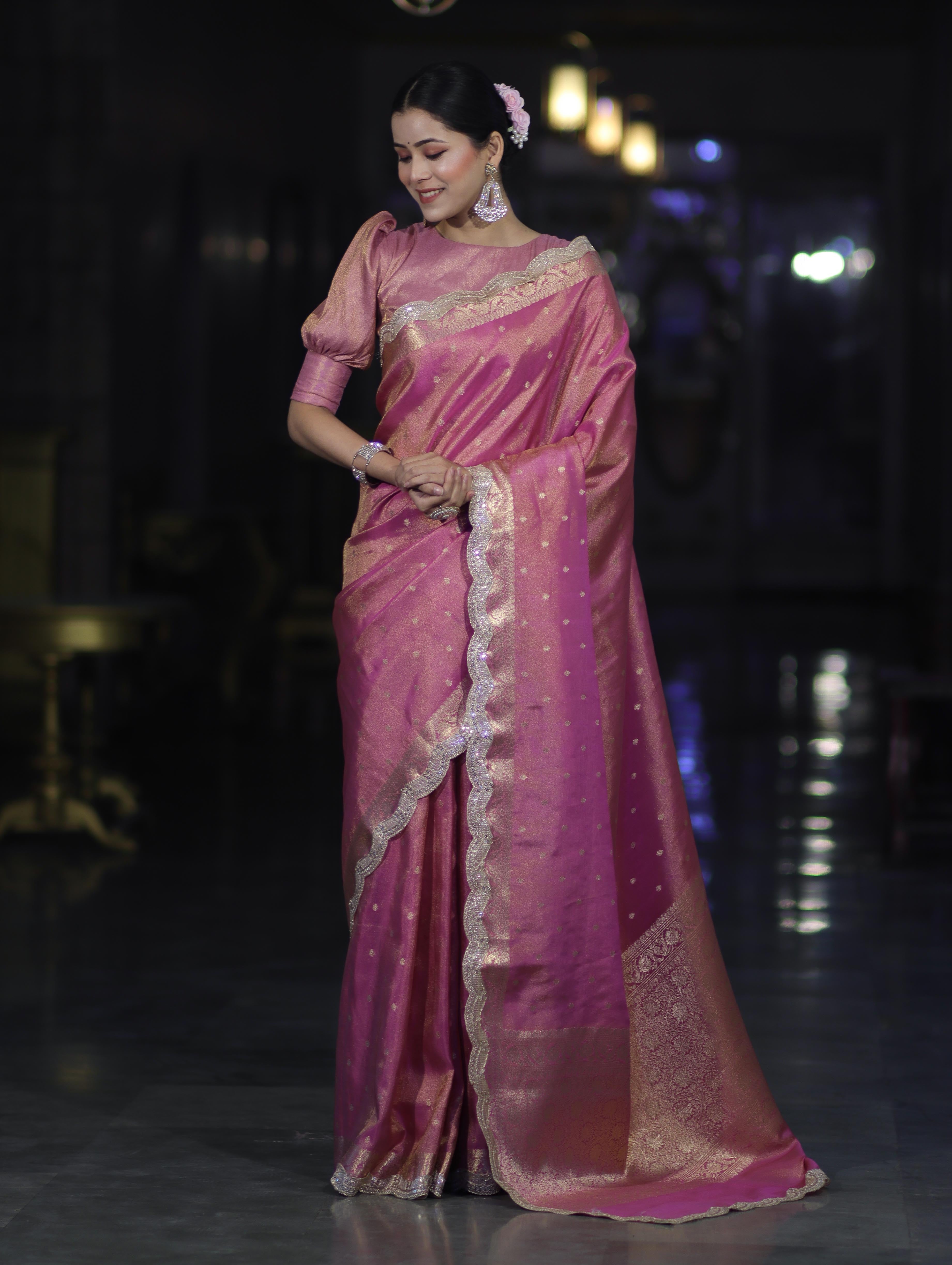 Banarasee Handloom Dual Tone Shimmer Tissue Saree With Buti Design Zari Border & Lace-Pink