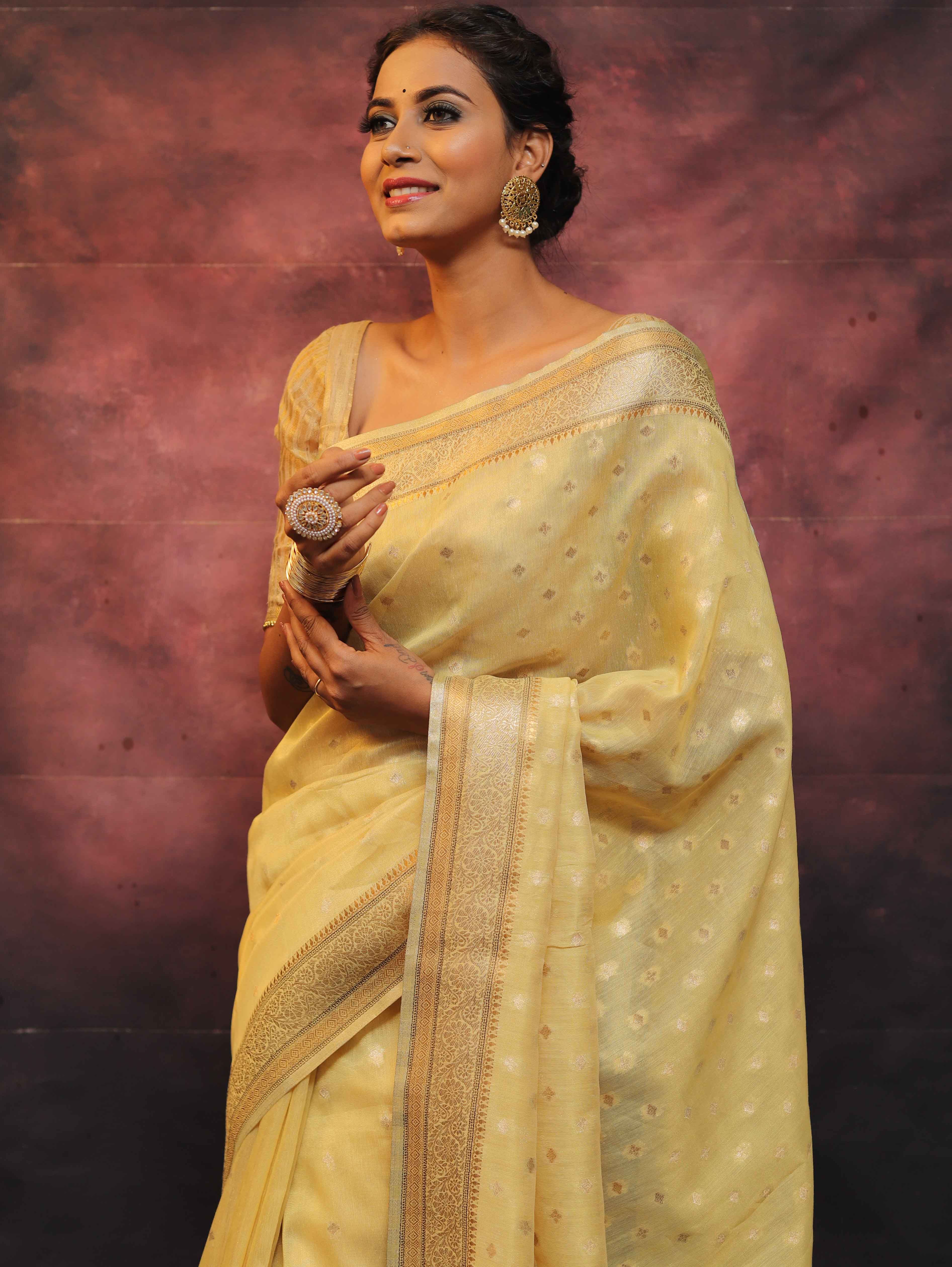 Banarasee Handwoven Zari Border Soft Tissue Saree-Yellow