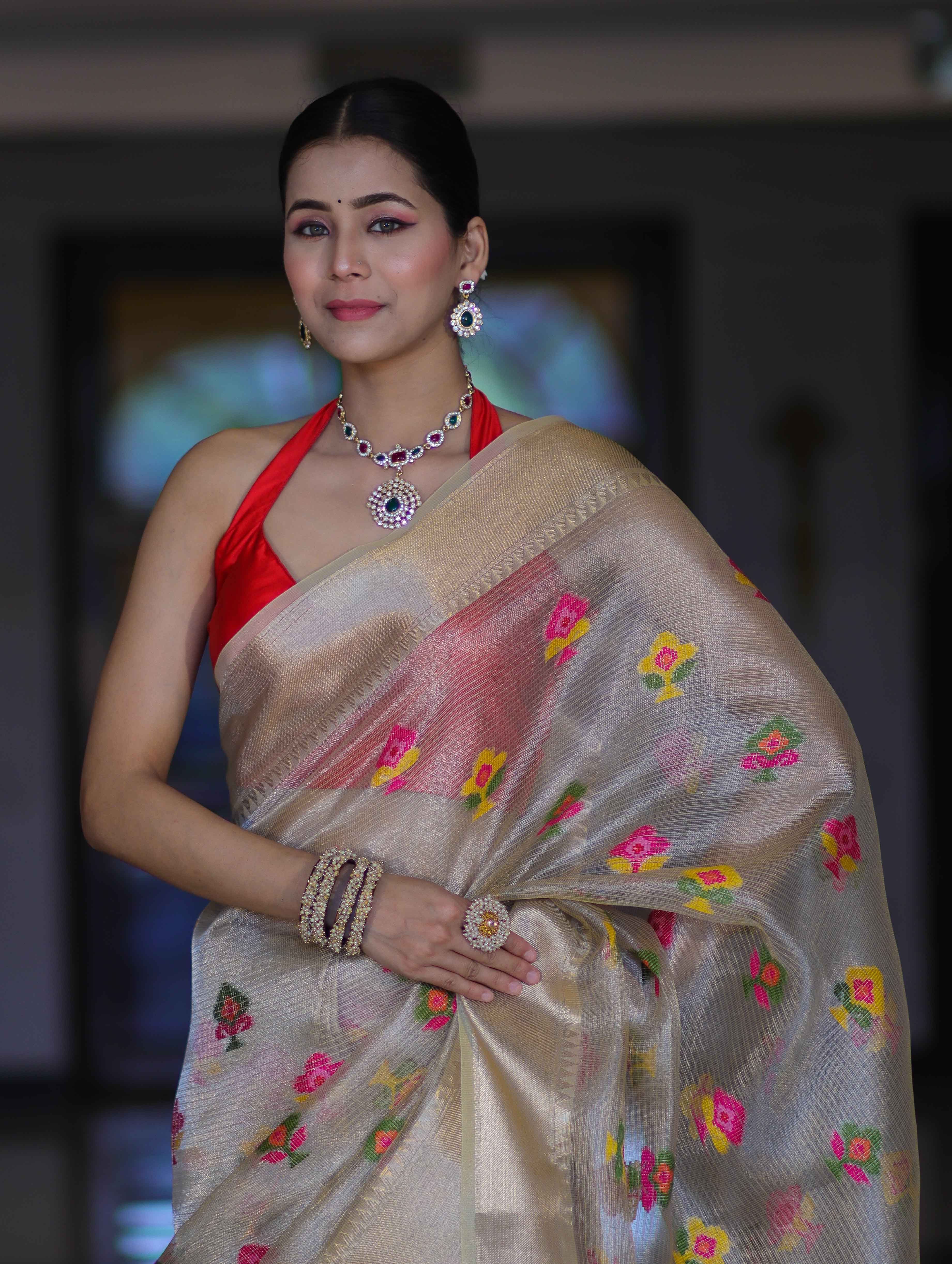 Banarasee Handloom Tissue Saree With Thread Embroidery & Contrast Pallu-Gold & Red