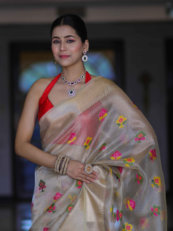 Banarasee Handloom Tissue Saree With Thread Embroidery & Contrast Pallu-Gold & Red