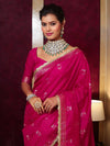 Banarasee Handwoven Semi Katan Saree With Sona Rupa Zari Buta Design Border & Lace-Hot Pink