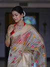 Banarasee Handloom Tissue Saree With Thread Embroidery & Contrast Pallu-Gold & Red