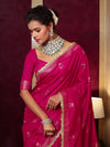 Banarasee Handwoven Semi Katan Saree With Sona Rupa Zari Buta Design Border & Lace-Hot Pink