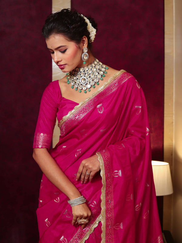 Banarasee Handwoven Semi Katan Saree With Sona Rupa Zari Buta Design Border & Lace-Hot Pink