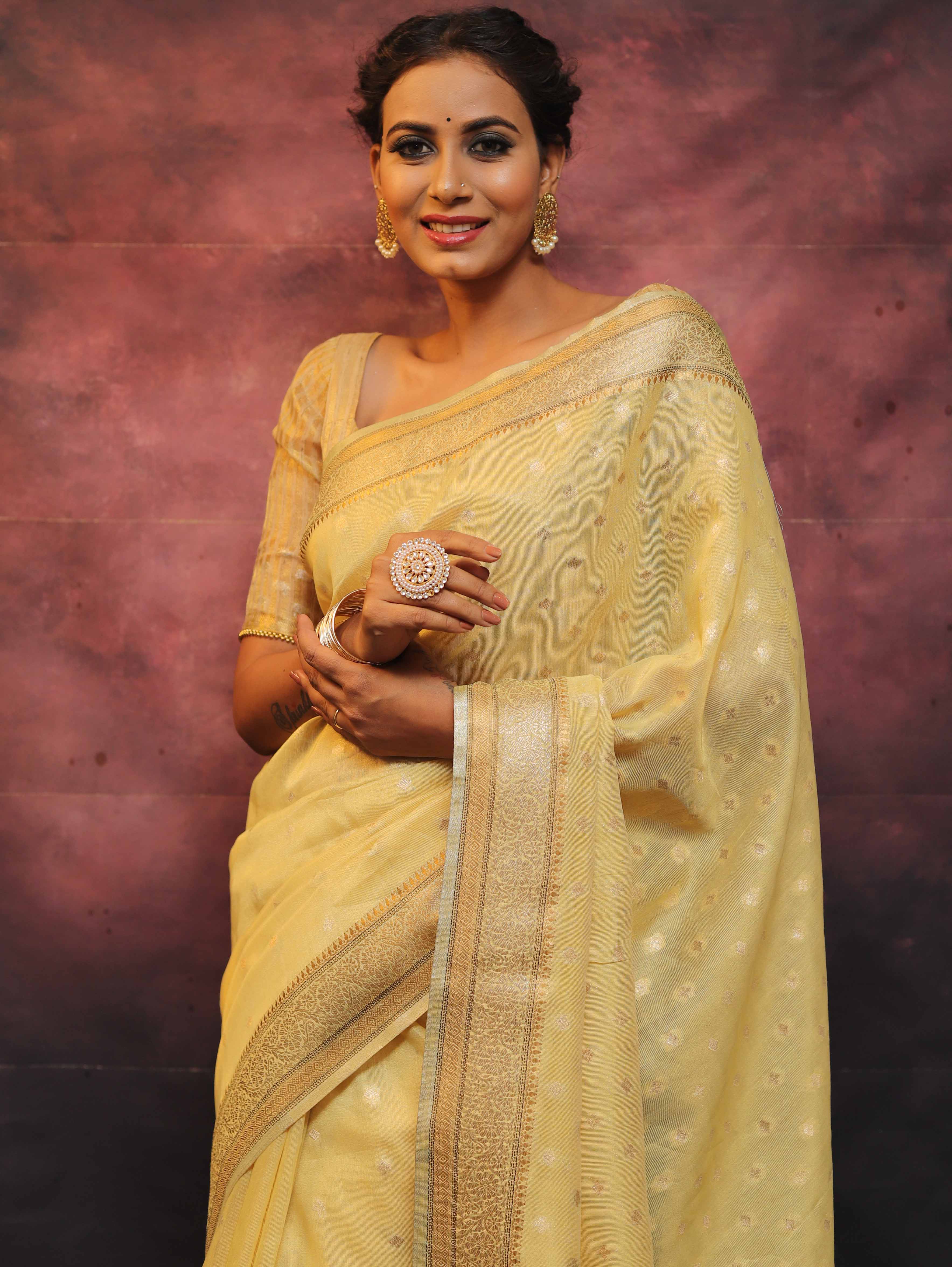 Banarasee Handwoven Zari Border Soft Tissue Saree-Yellow