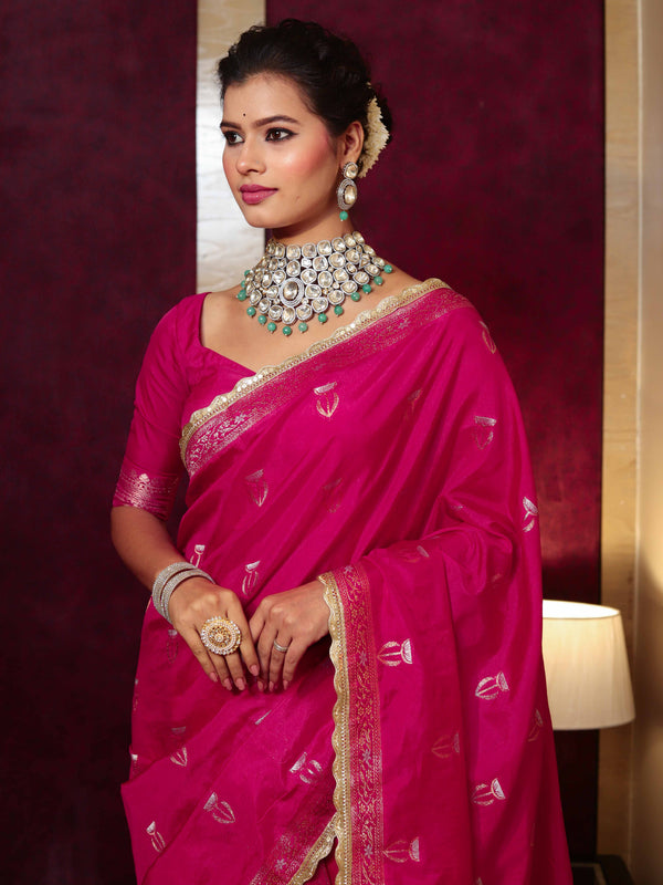 Banarasee Handwoven Semi Katan Saree With Sona Rupa Zari Buta Design Border & Lace-Hot Pink