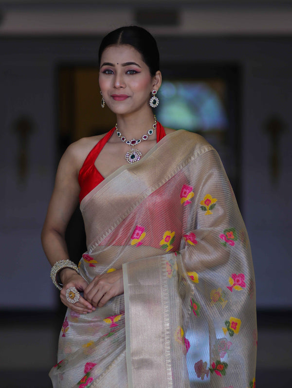 Banarasee Handloom Tissue Saree With Thread Embroidery & Contrast Pallu-Gold & Red