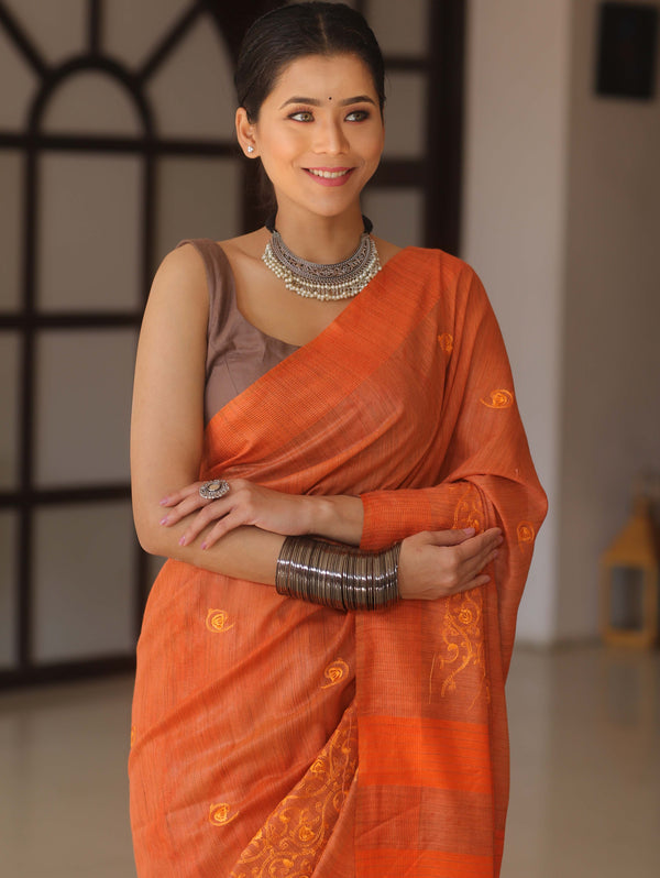 Bhagalpur Cotton Silk Ghichha Work Embroidered Saree-Orange