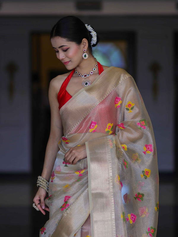 Banarasee Handloom Tissue Saree With Thread Embroidery & Contrast Pallu-Gold & Red