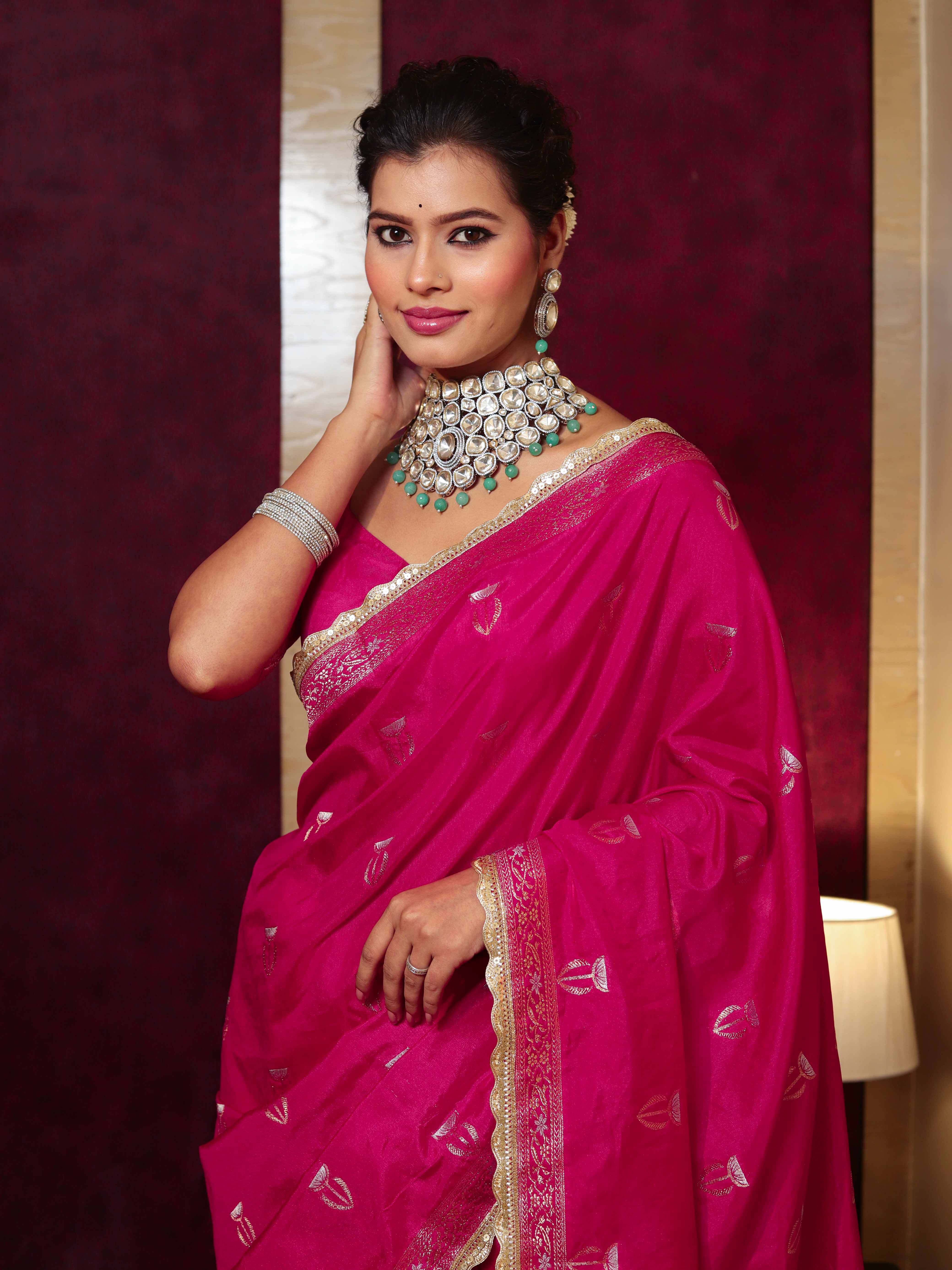 Banarasee Handwoven Semi Katan Saree With Sona Rupa Zari Buta Design Border & Lace-Hot Pink