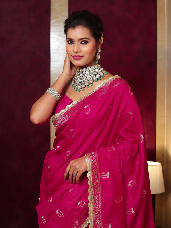 Banarasee Handwoven Semi Katan Saree With Sona Rupa Zari Buta Design Border & Lace-Hot Pink