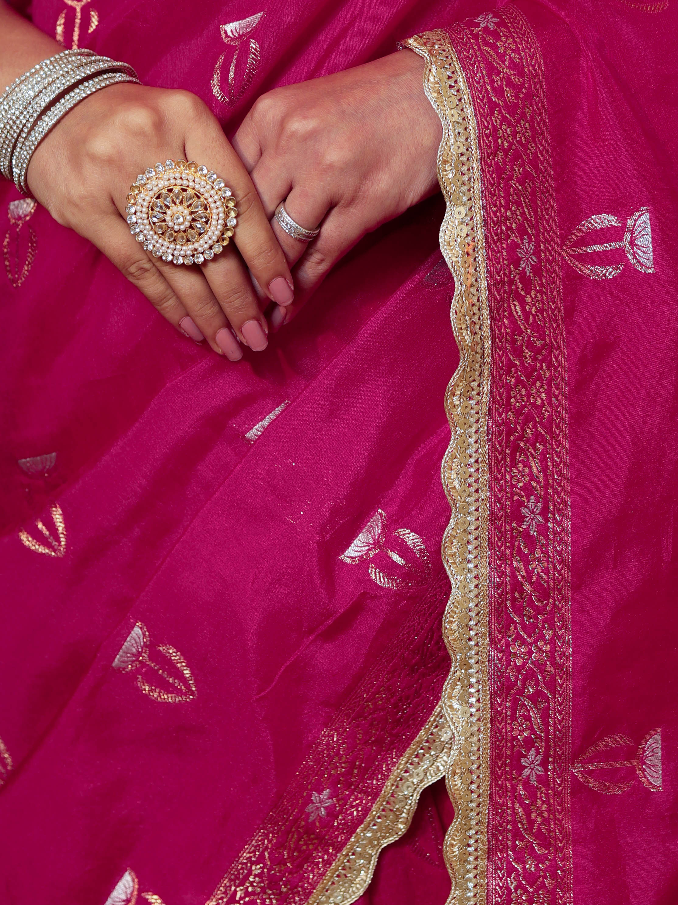 Banarasee Handwoven Semi Katan Saree With Sona Rupa Zari Buta Design Border & Lace-Hot Pink
