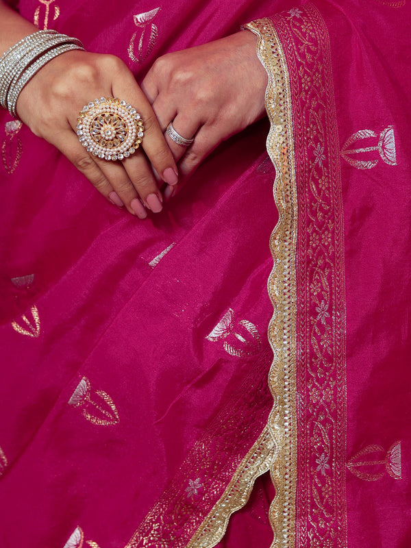 Banarasee Handwoven Semi Katan Saree With Sona Rupa Zari Buta Design Border & Lace-Hot Pink