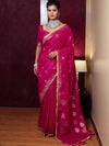Banarasee Handwoven Semi Katan Saree With Sona Rupa Zari Buta Design Border & Lace-Hot Pink