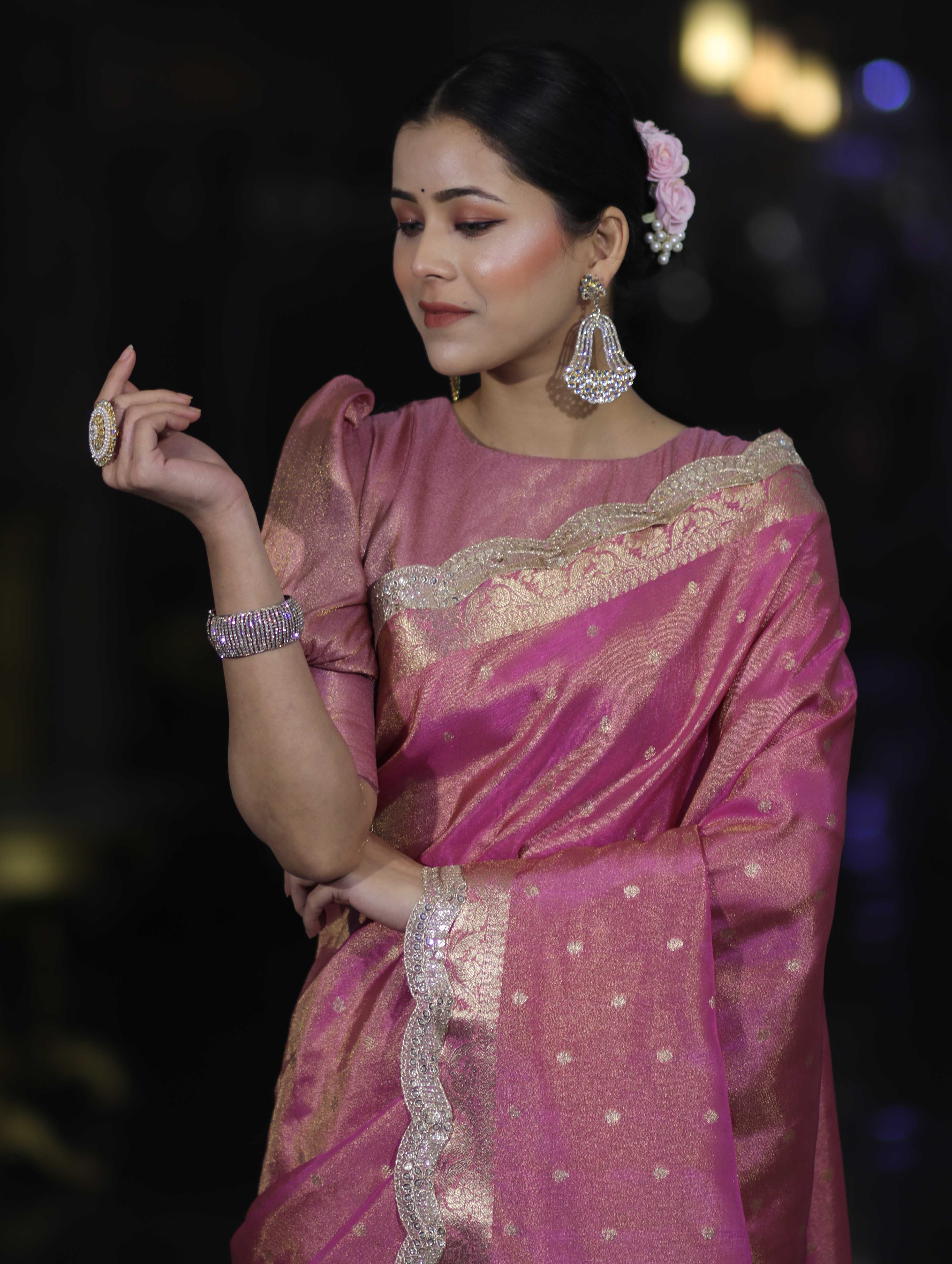 Banarasee Handloom Dual Tone Shimmer Tissue Saree With Buti Design Zari Border & Lace-Pink
