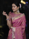 Banarasee Handloom Dual Tone Shimmer Tissue Saree With Buti Design Zari Border & Lace-Pink