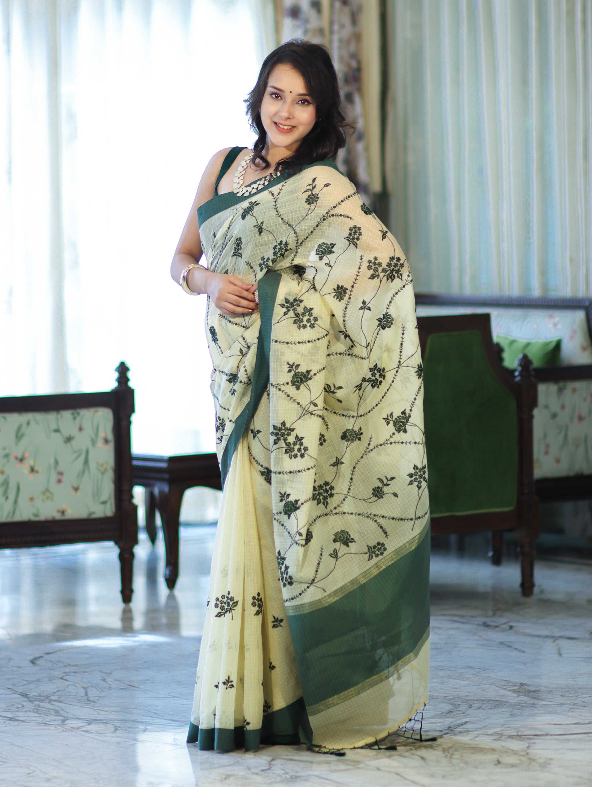 Banarasee Handloom Cotton Silk Kota Check Saree With Resham Embroidery & Contrast Border-Light Yellow