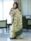Banarasee Handloom Cotton Silk Kota Check Saree With Resham Embroidery & Contrast Border-Light Yellow