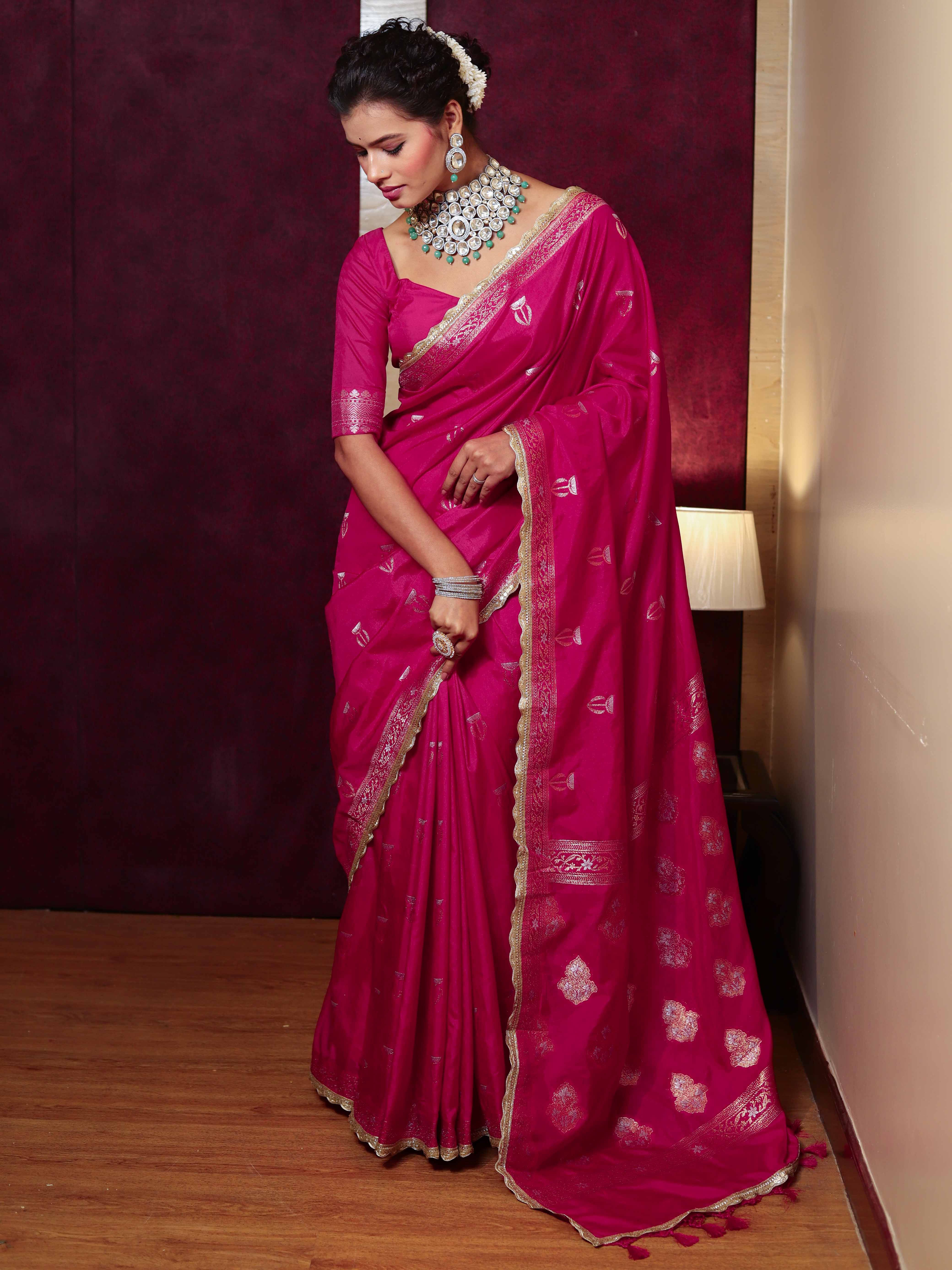 Banarasee Handwoven Semi Katan Saree With Sona Rupa Zari Buta Design Border & Lace-Hot Pink
