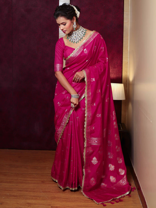 Banarasee Handwoven Semi Katan Saree With Sona Rupa Zari Buta Design Border & Lace-Hot Pink