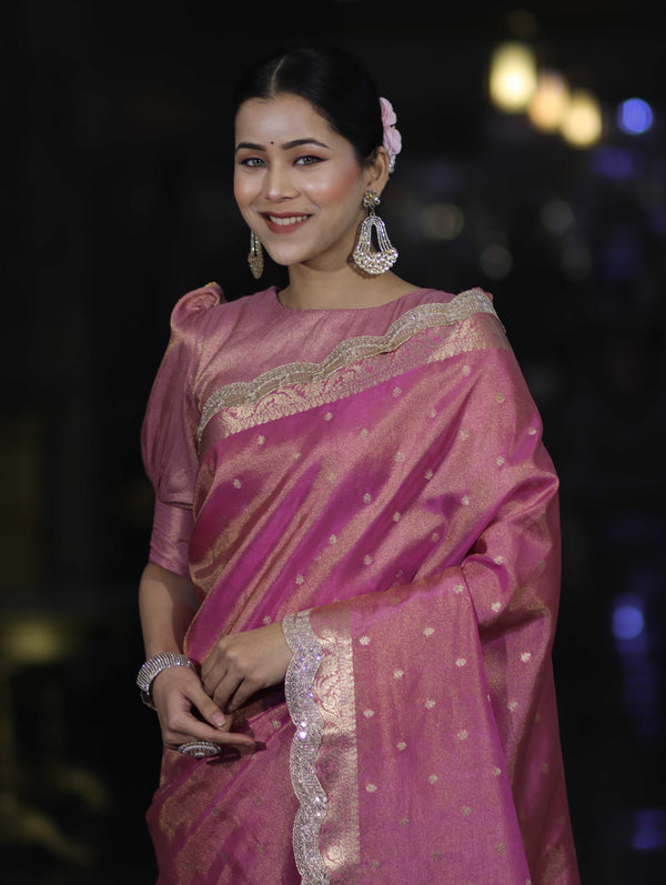 Banarasee Handloom Dual Tone Shimmer Tissue Saree With Buti Design Zari Border & Lace-Pink