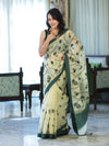 Banarasee Handloom Cotton Silk Kota Check Saree With Resham Embroidery & Contrast Border-Light Yellow