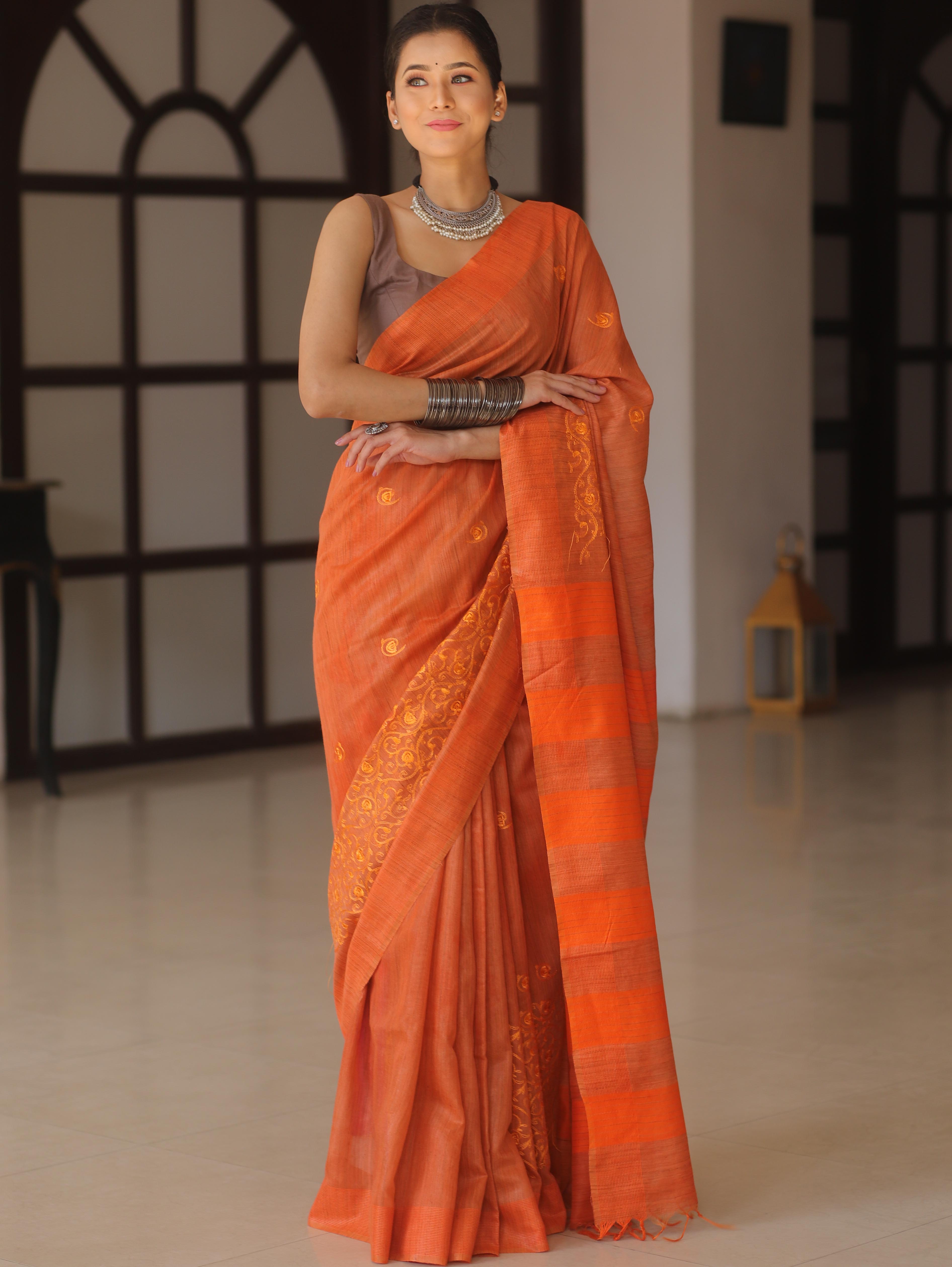 Bhagalpur Cotton Silk Ghichha Work Embroidered Saree-Orange