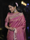 Banarasee Handloom Dual Tone Shimmer Tissue Saree With Buti Design Zari Border & Lace-Pink