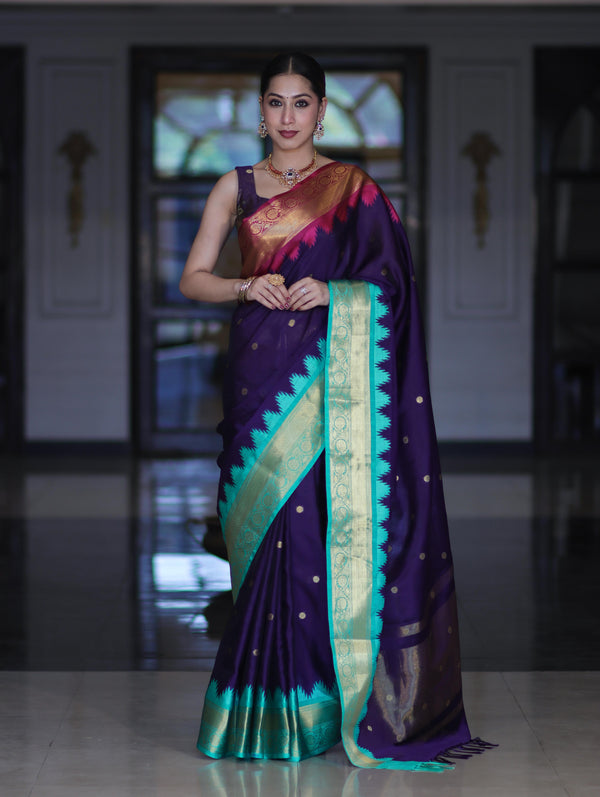Banarasee Handloom Semi Silk Saree With Buti Design & Contrast Zari Border-Violet
