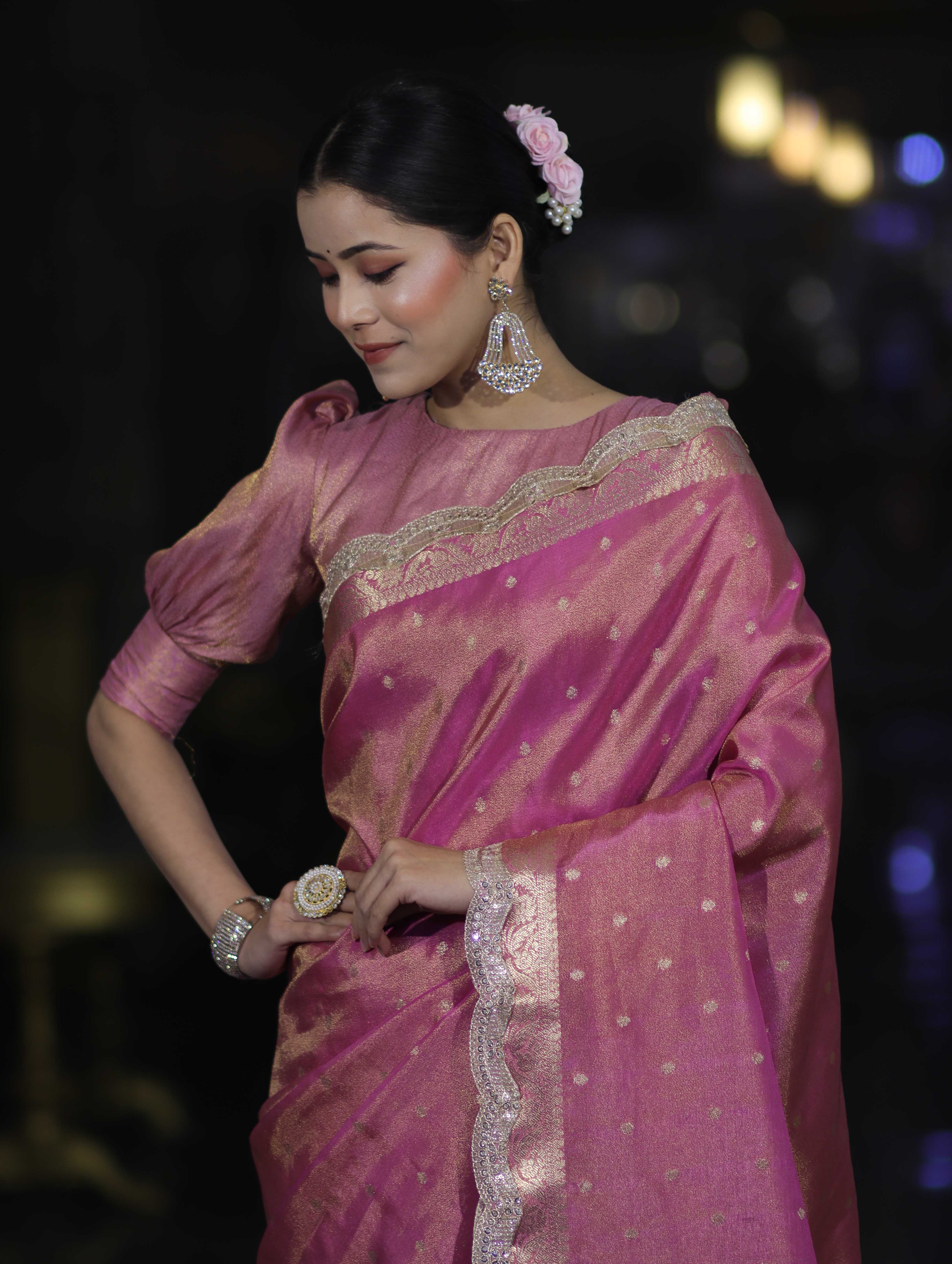 Banarasee Handloom Dual Tone Shimmer Tissue Saree With Buti Design Zari Border & Lace-Pink