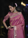 Banarasee Handloom Dual Tone Shimmer Tissue Saree With Buti Design Zari Border & Lace-Pink