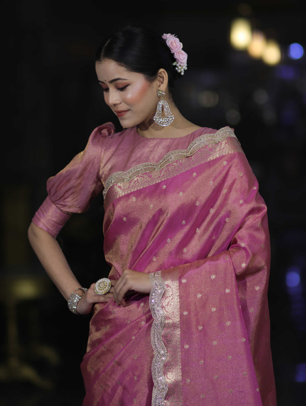 Banarasee Handloom Dual Tone Shimmer Tissue Saree With Buti Design Zari Border & Lace-Pink