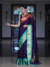 Banarasee Handloom Semi Silk Saree With Buti Design & Contrast Zari Border-Violet