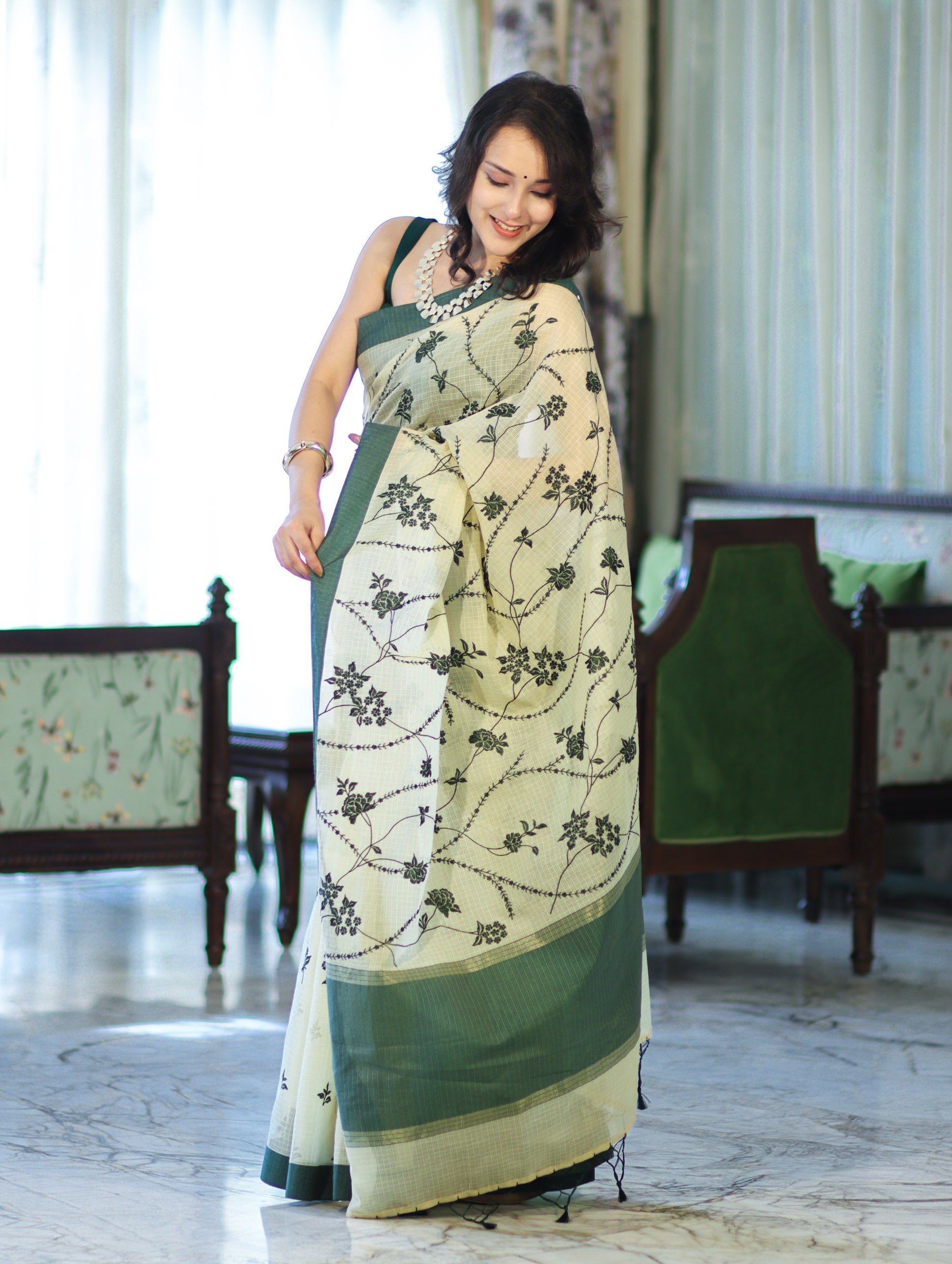 Banarasee Handloom Cotton Silk Kota Check Saree With Resham Embroidery & Contrast Border-Light Yellow