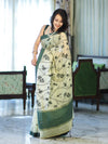 Banarasee Handloom Cotton Silk Kota Check Saree With Resham Embroidery & Contrast Border-Light Yellow