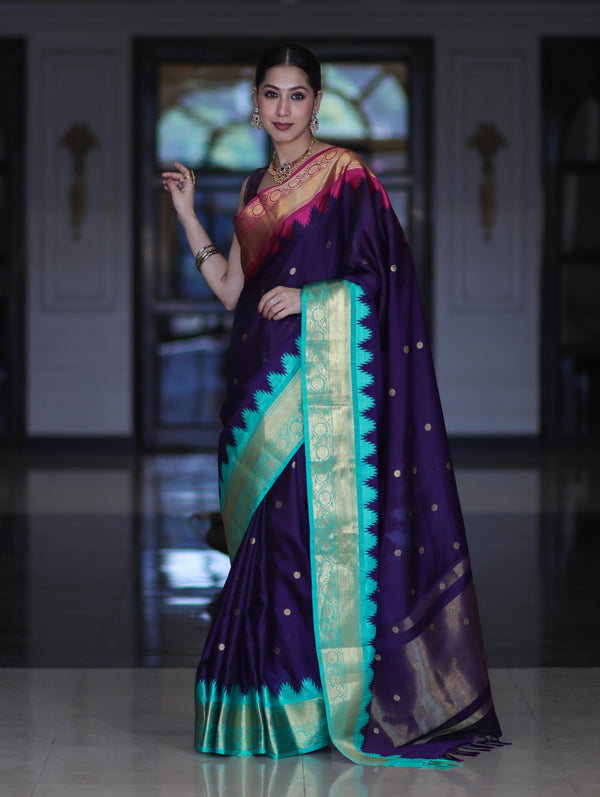 Banarasee Handloom Semi Silk Saree With Buti Design & Contrast Zari Border-Violet