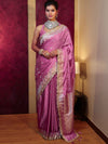 Banarasee Handwoven Semi Katan Saree With Zari Buti Design Border & Lace-Onion Pink