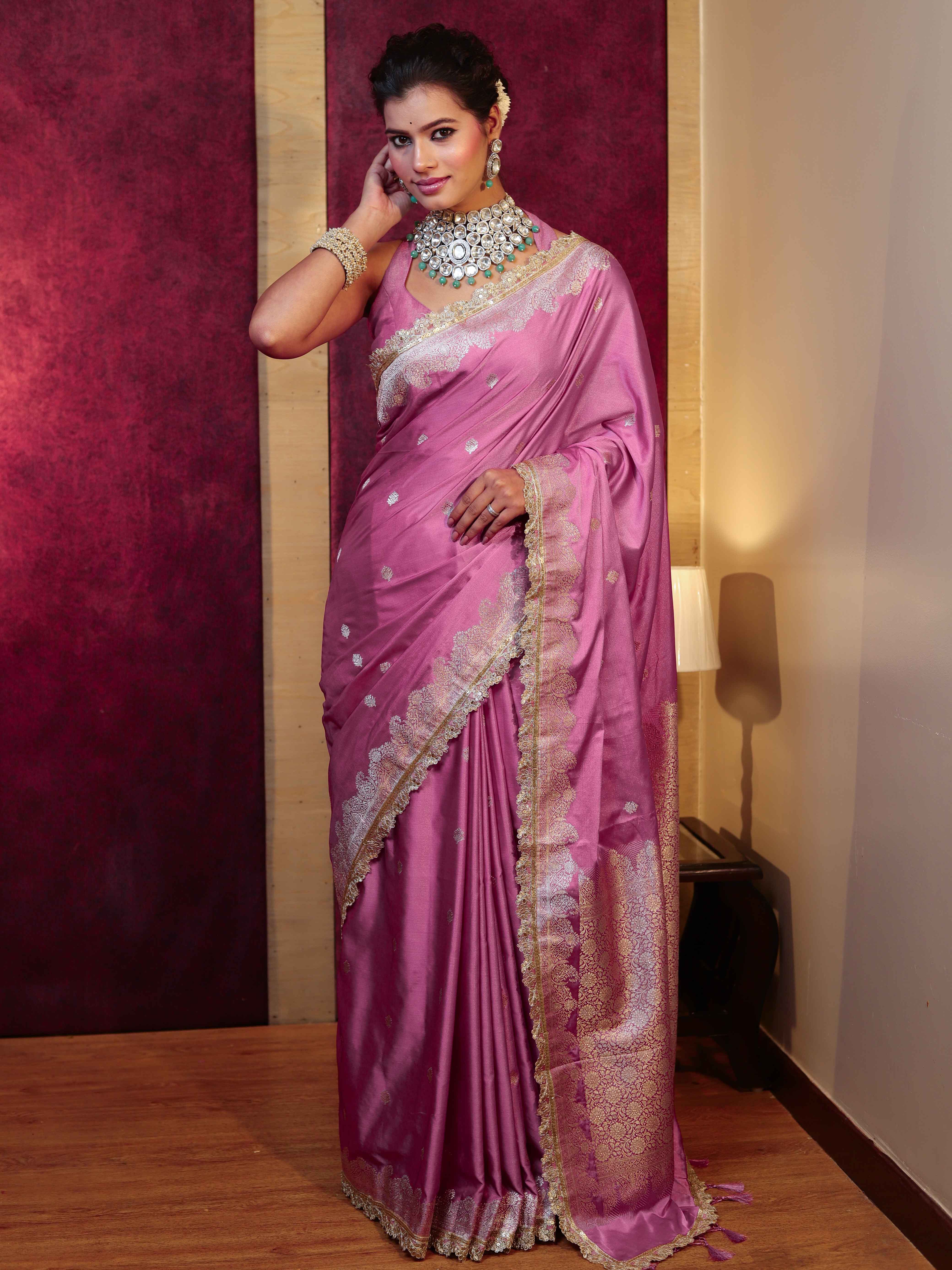 Banarasee Handwoven Semi Katan Saree With Zari Buti Design Border & Lace-Onion Pink