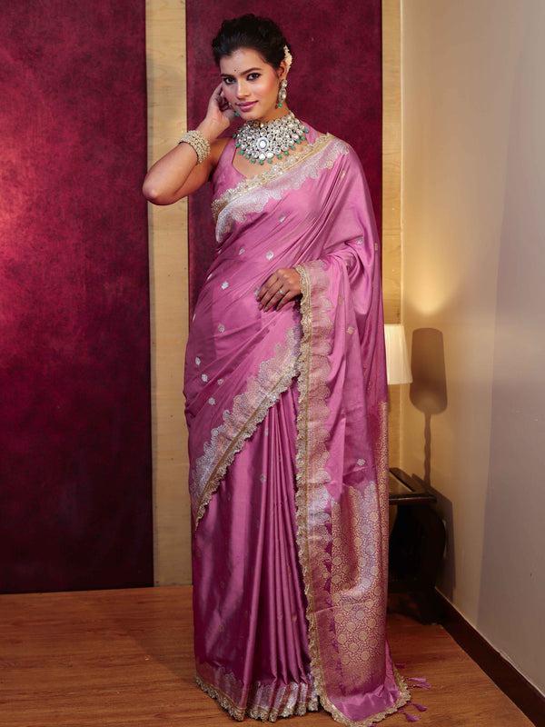 Banarasee Handwoven Semi Katan Saree With Zari Buti Design Border & Lace-Onion Pink