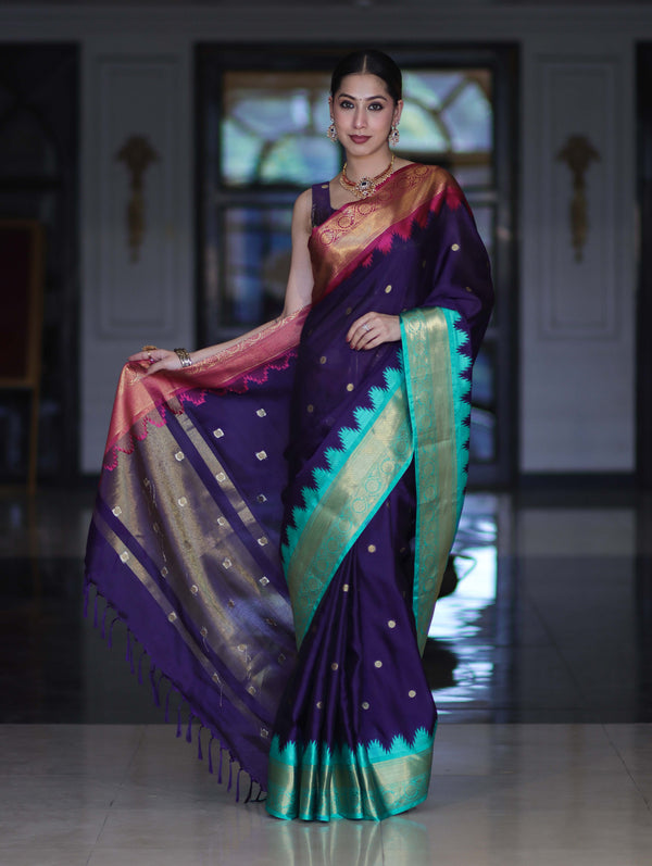 Banarasee Handloom Semi Silk Saree With Buti Design & Contrast Zari Border-Violet