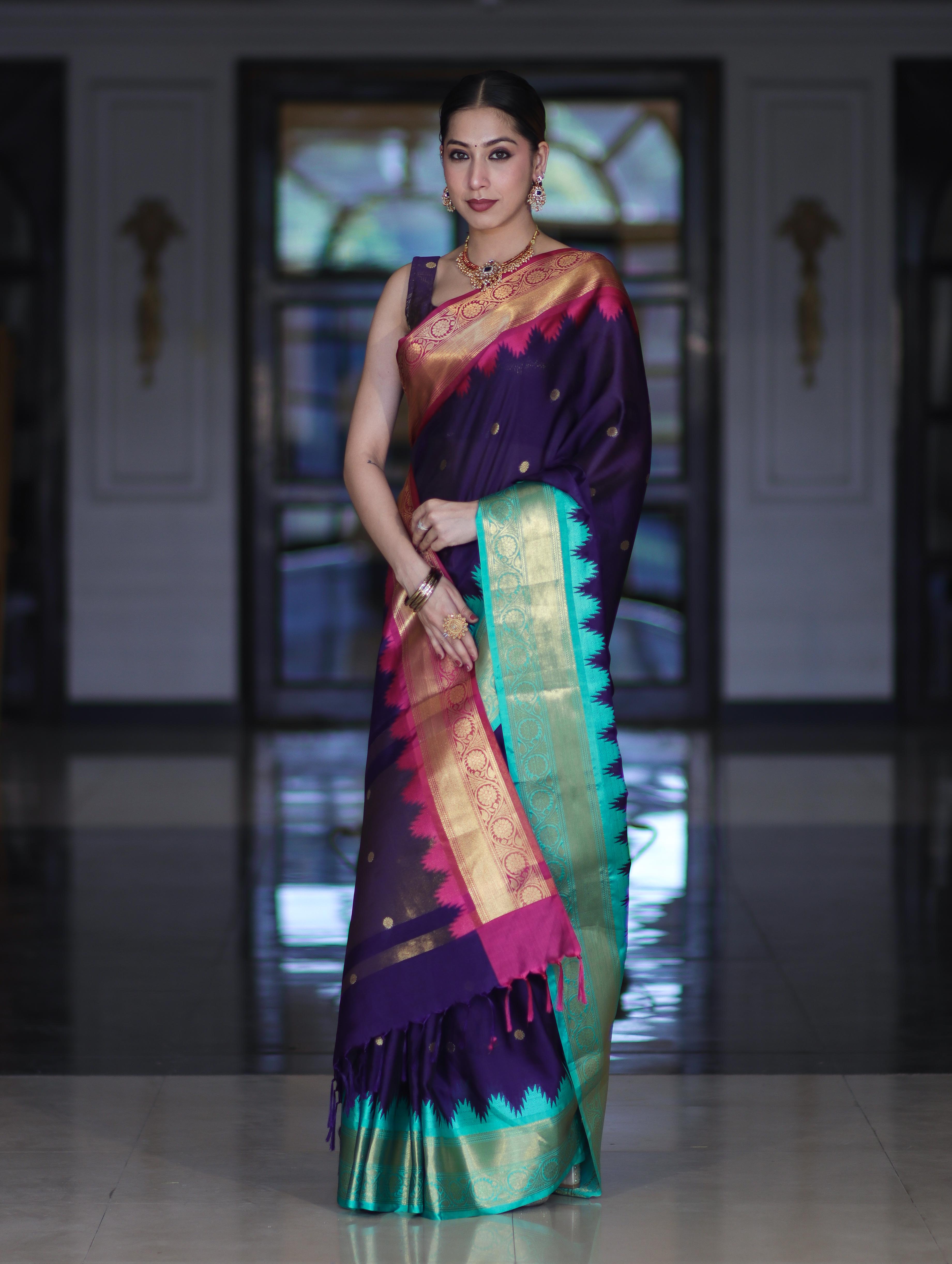 Banarasee Handloom Semi Silk Saree With Buti Design & Contrast Zari Border-Violet