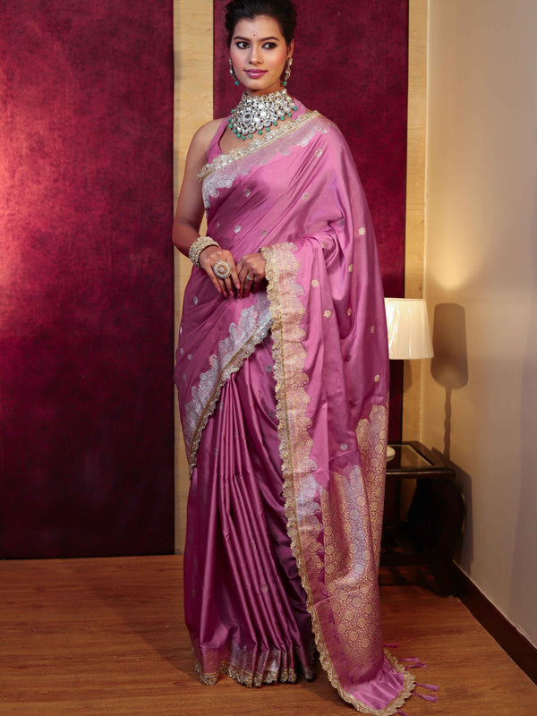 Banarasee Handwoven Semi Katan Saree With Zari Buti Design Border & Lace-Onion Pink
