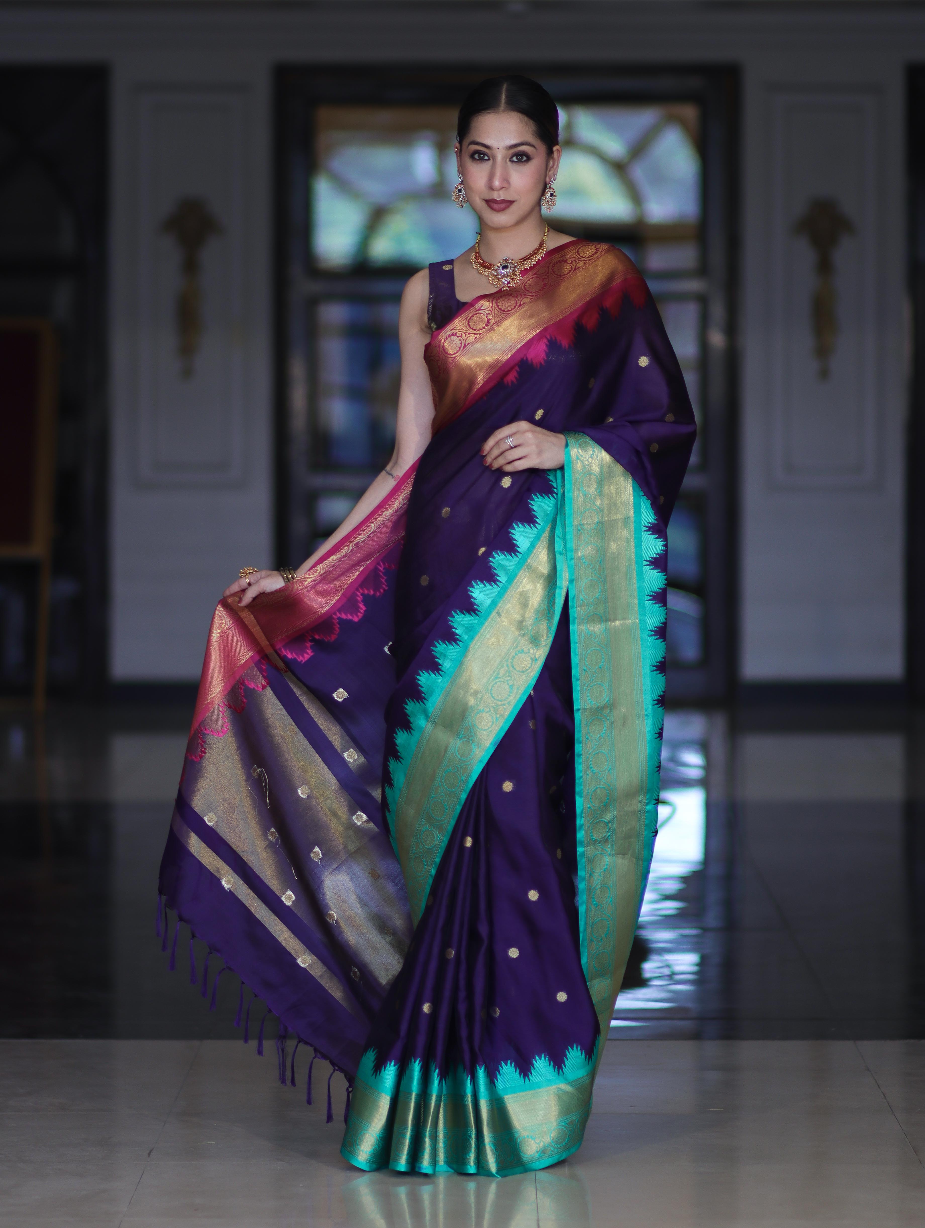 Banarasee Handloom Semi Silk Saree With Buti Design & Contrast Zari Border-Violet