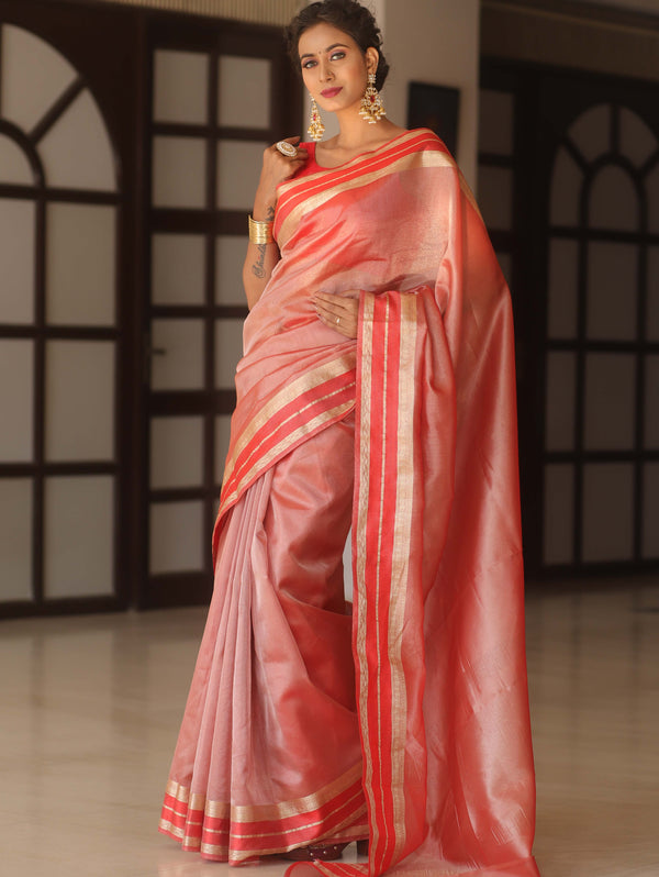Banarasee Handwoven Plain Tissue Saree With Zari Border-Red