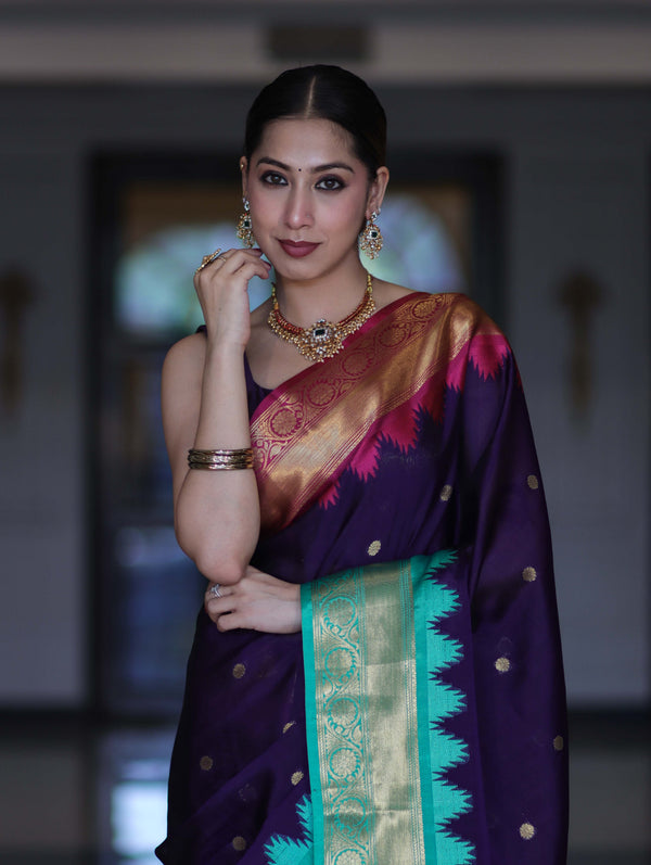 Banarasee Handloom Semi Silk Saree With Buti Design & Contrast Zari Border-Violet
