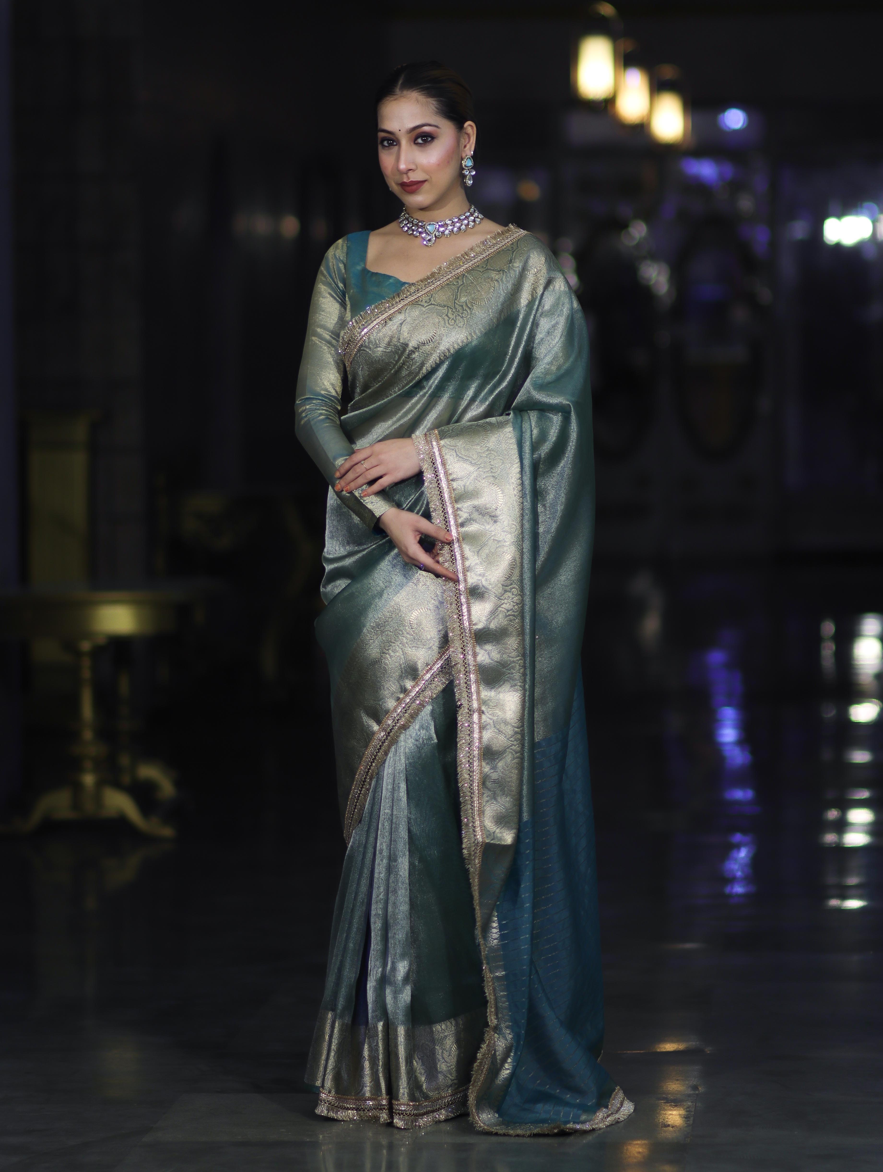 Banarasee Handloom Plain Tissue Saree With Zari Border & Lace-Green