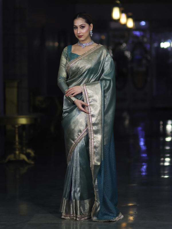 Banarasee Handloom Plain Tissue Saree With Zari Border & Lace-Green