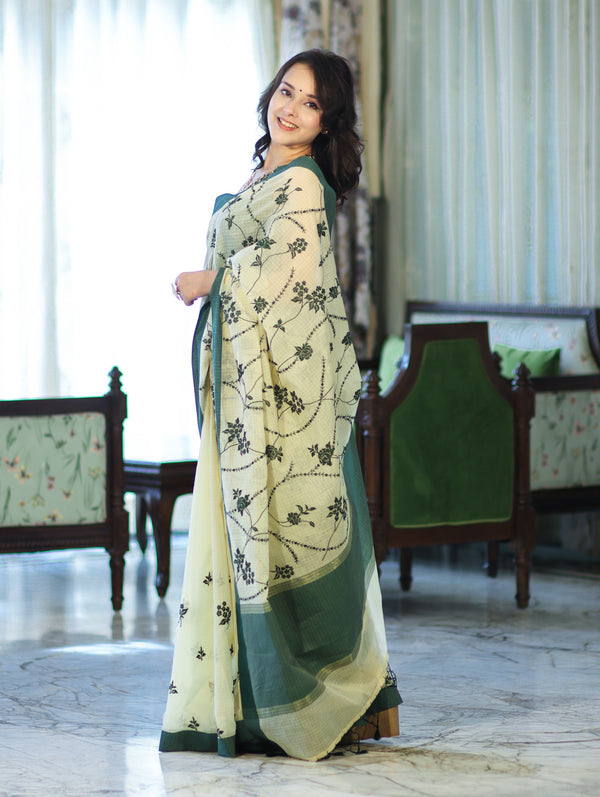 Banarasee Handloom Cotton Silk Kota Check Saree With Resham Embroidery & Contrast Border-Light Yellow