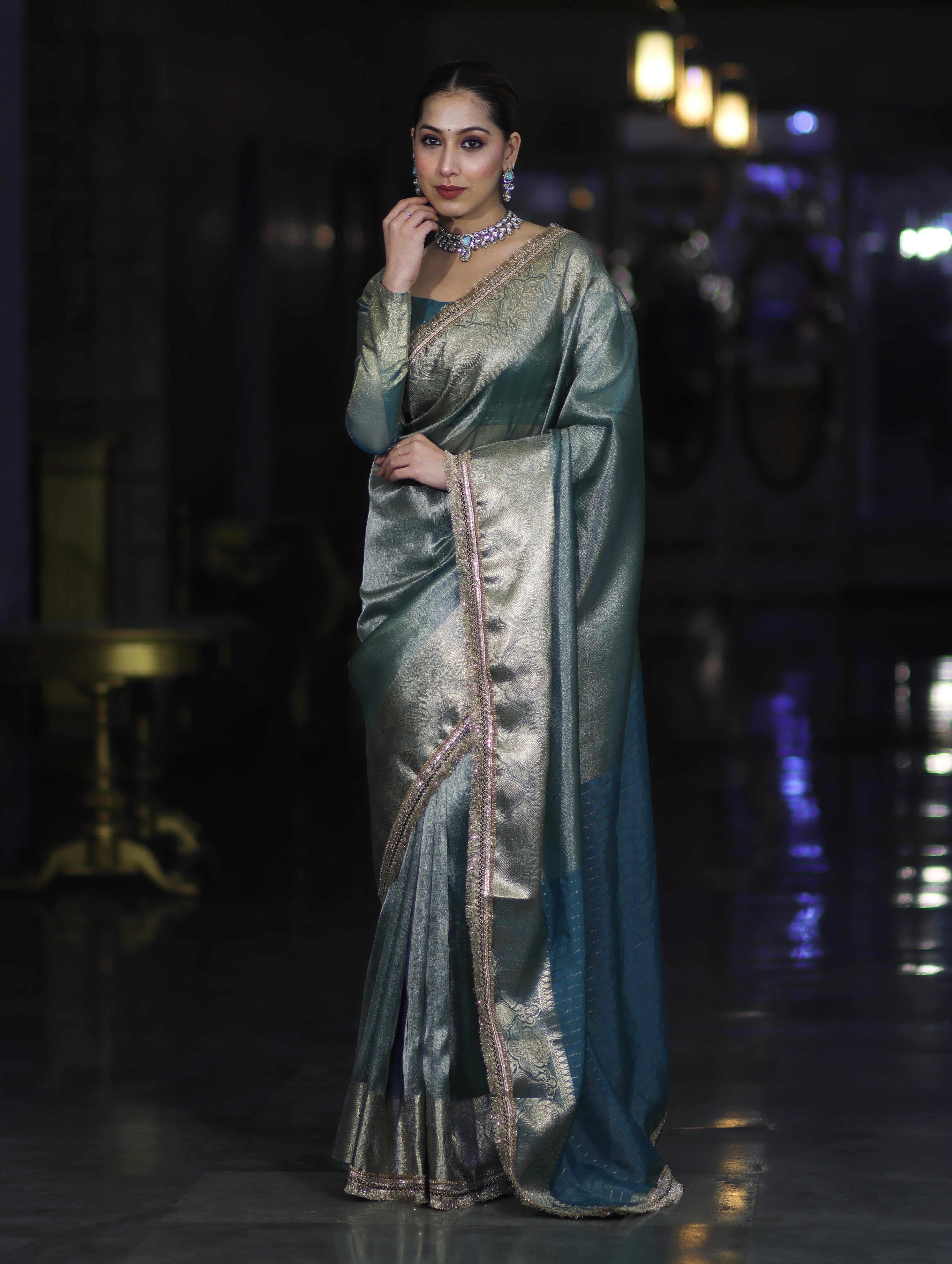 Banarasee Handloom Plain Tissue Saree With Zari Border & Lace-Green